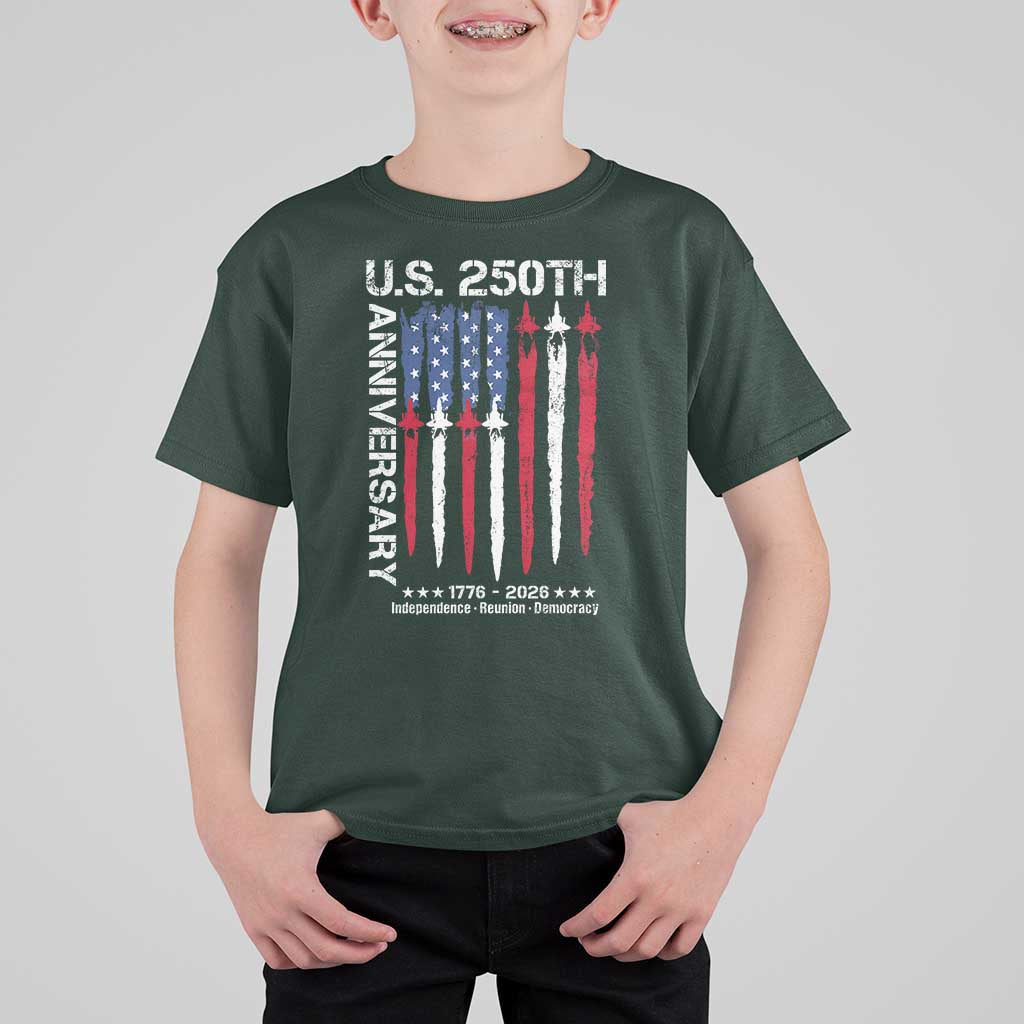 250th American Anniversary T Shirt For Kid 250 Years America USA Flag Fighter Jets Patriotic Veterans - Wonder Print Shop