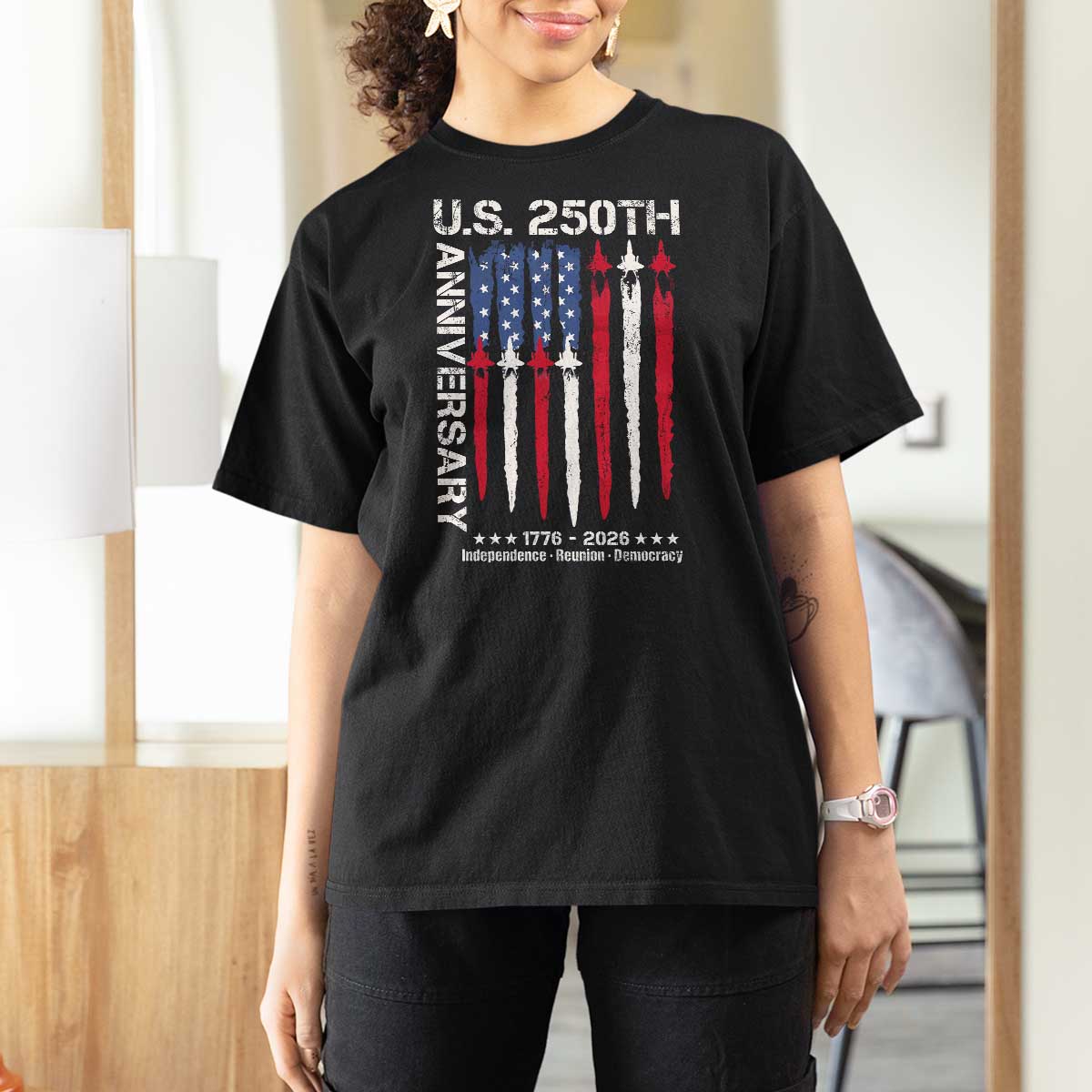 250th American Anniversary T Shirt For Women 250 Years America USA Flag Fighter Jets Patriotic Veterans - Wonder Print Shop