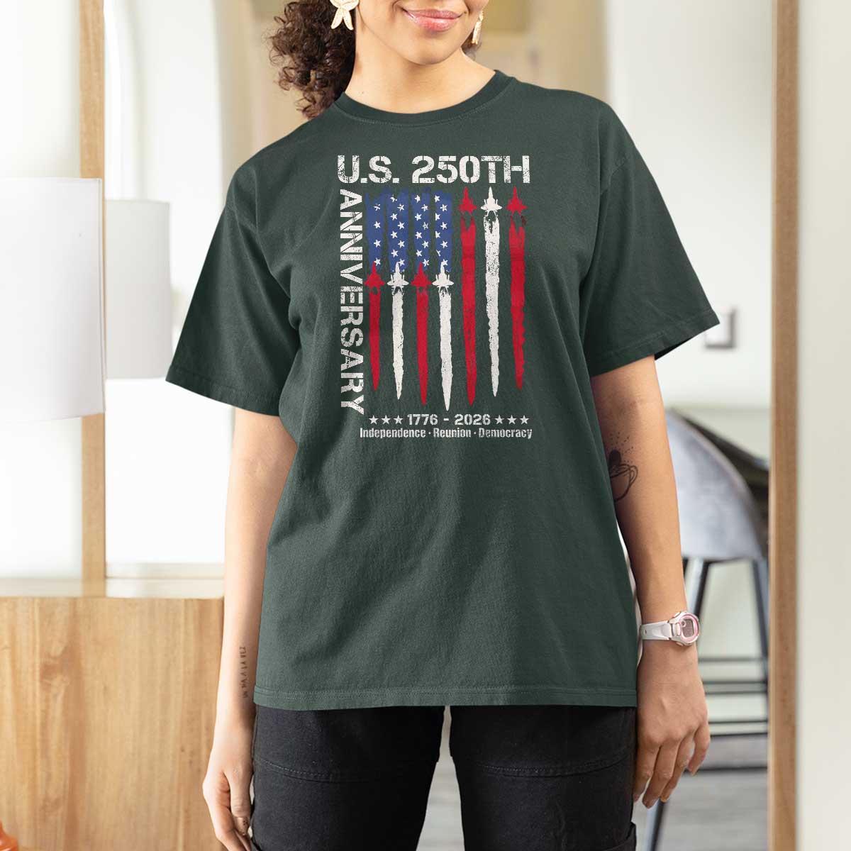 250th American Anniversary T Shirt For Women 250 Years America USA Flag Fighter Jets Patriotic Veterans - Wonder Print Shop