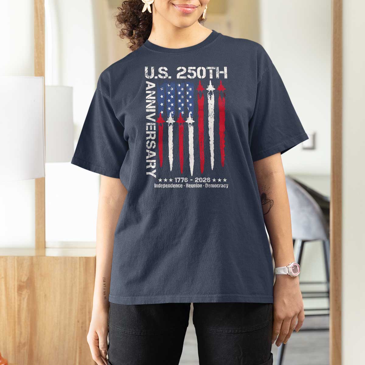 250th American Anniversary T Shirt For Women 250 Years America USA Flag Fighter Jets Patriotic Veterans - Wonder Print Shop