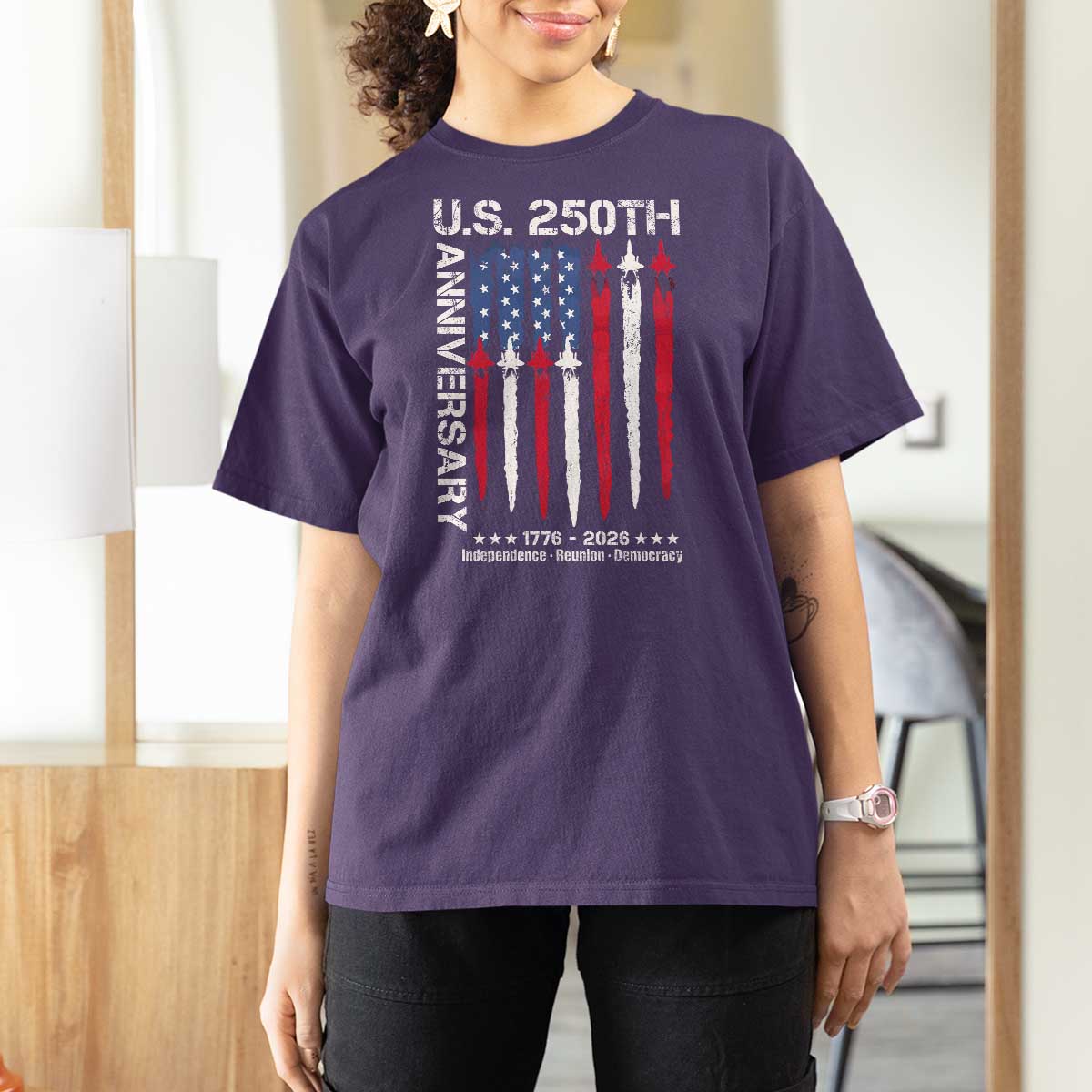 250th American Anniversary T Shirt For Women 250 Years America USA Flag Fighter Jets Patriotic Veterans - Wonder Print Shop