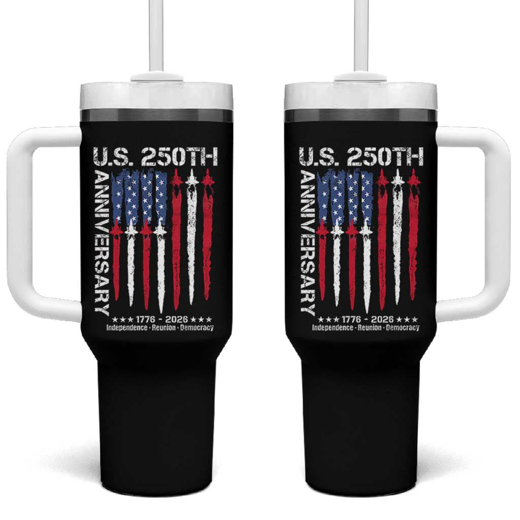 250th American Anniversary Tumbler With Handle 250 Years America USA Flag Fighter Jets Patriotic Veterans - Wonder Print Shop