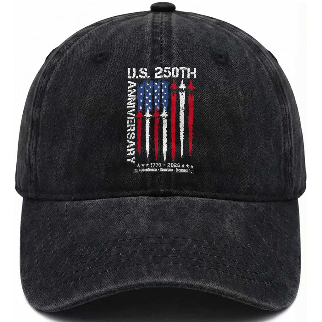 250th American Anniversary Washed Cotton Baseball Cap 250 Years America USA Flag Fighter Jets Patriotic Veterans