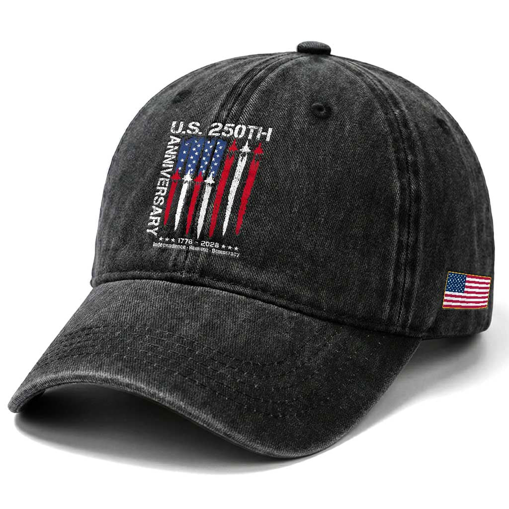 250th American Anniversary Washed Cotton Baseball Cap 250 Years America USA Flag Fighter Jets Patriotic Veterans