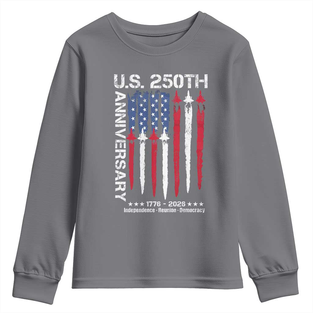 250th American Anniversary Youth Sweatshirt 250 Years America USA Flag Fighter Jets Patriotic Veterans - Wonder Print Shop