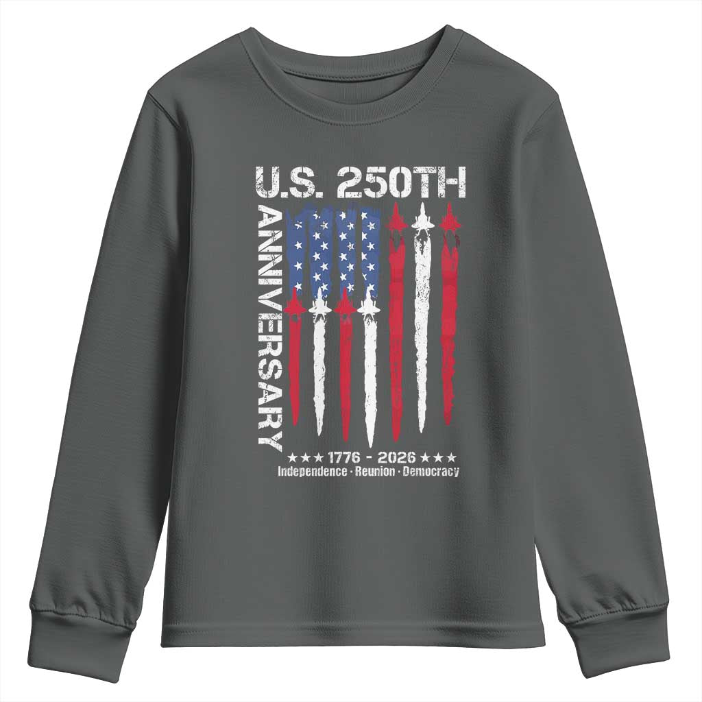 250th American Anniversary Youth Sweatshirt 250 Years America USA Flag Fighter Jets Patriotic Veterans - Wonder Print Shop