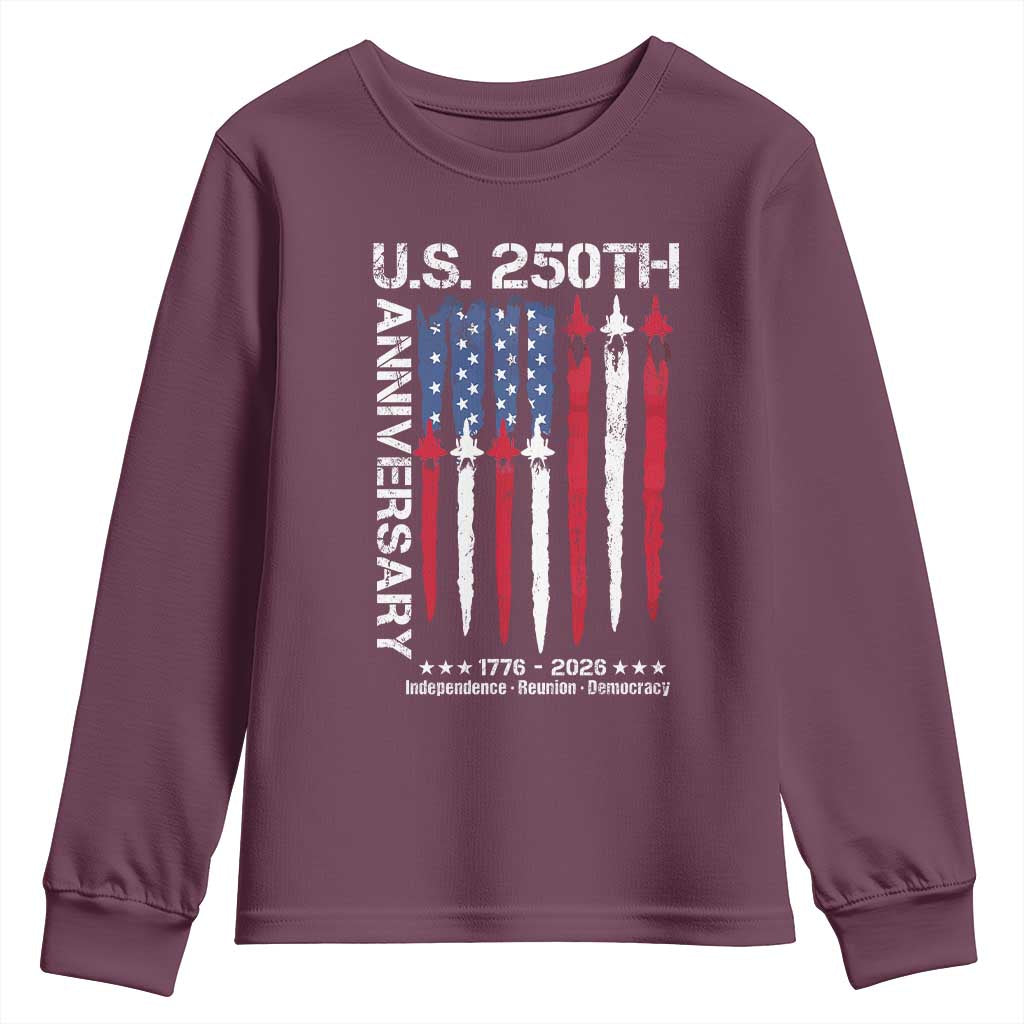 250th American Anniversary Youth Sweatshirt 250 Years America USA Flag Fighter Jets Patriotic Veterans - Wonder Print Shop