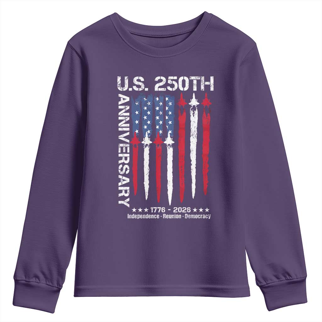 250th American Anniversary Youth Sweatshirt 250 Years America USA Flag Fighter Jets Patriotic Veterans - Wonder Print Shop