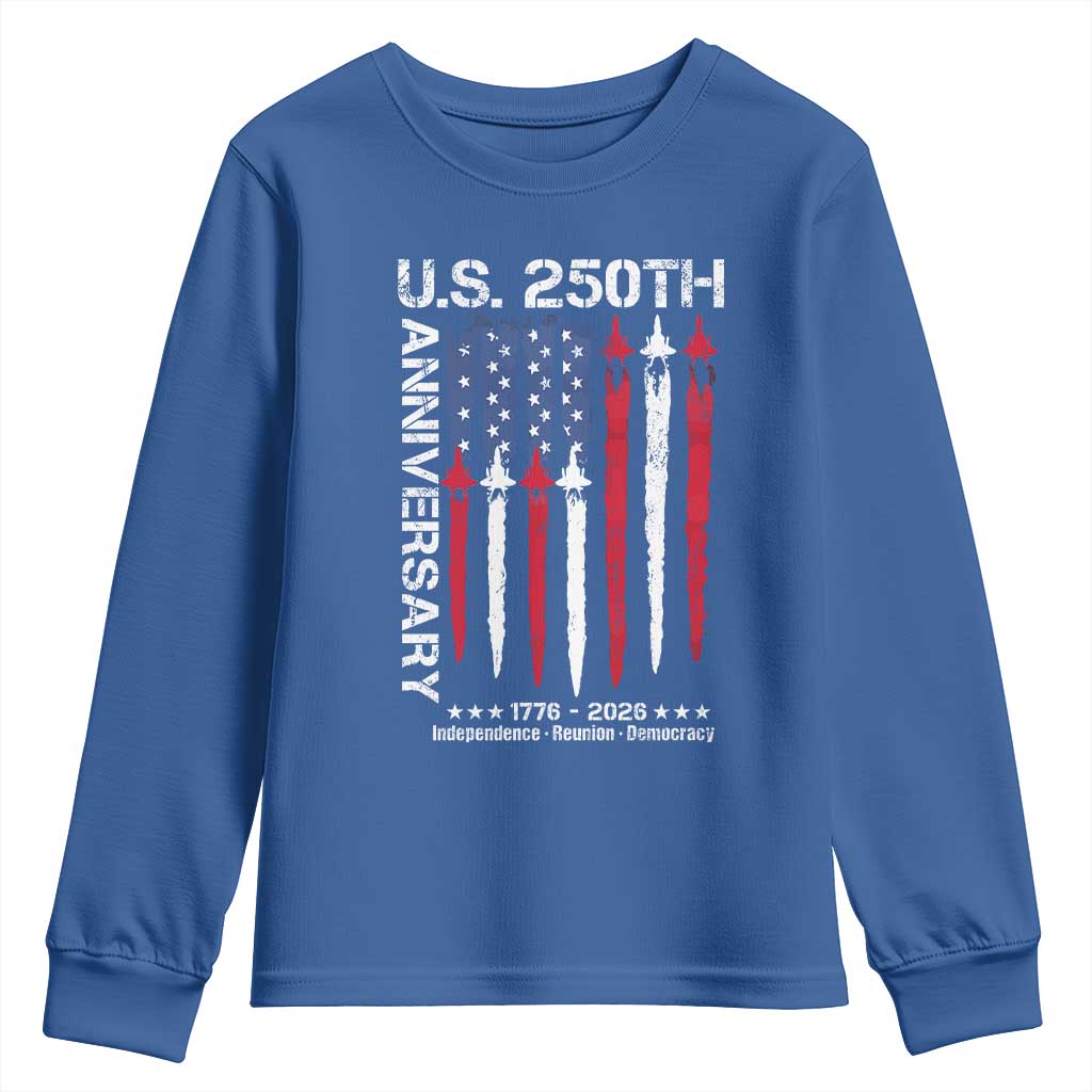 250th American Anniversary Youth Sweatshirt 250 Years America USA Flag Fighter Jets Patriotic Veterans - Wonder Print Shop