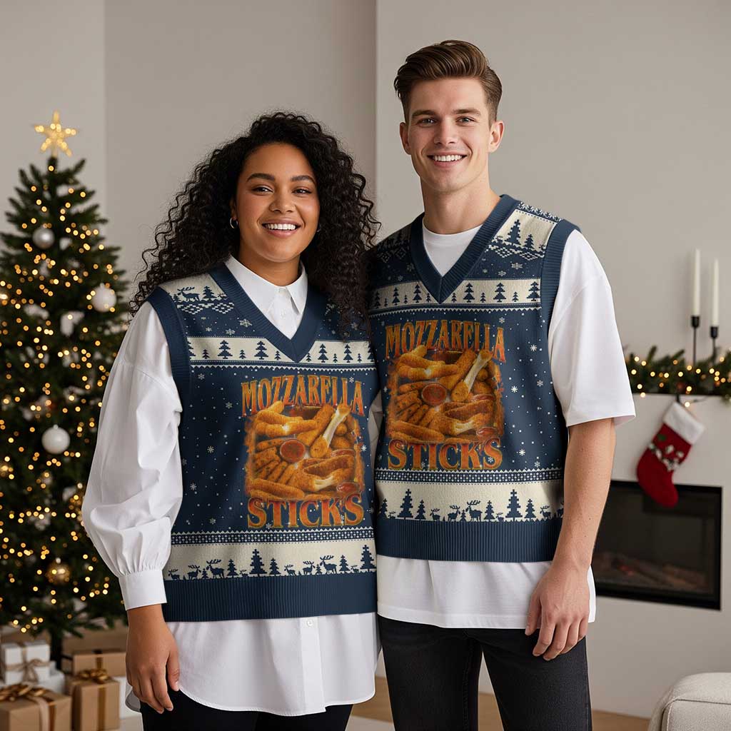 Mozzarella Sticks V-Neck Knit Sweater Vest Funny Foodie Meme Snack Lover Vintage 90s - Wonder Print Shop