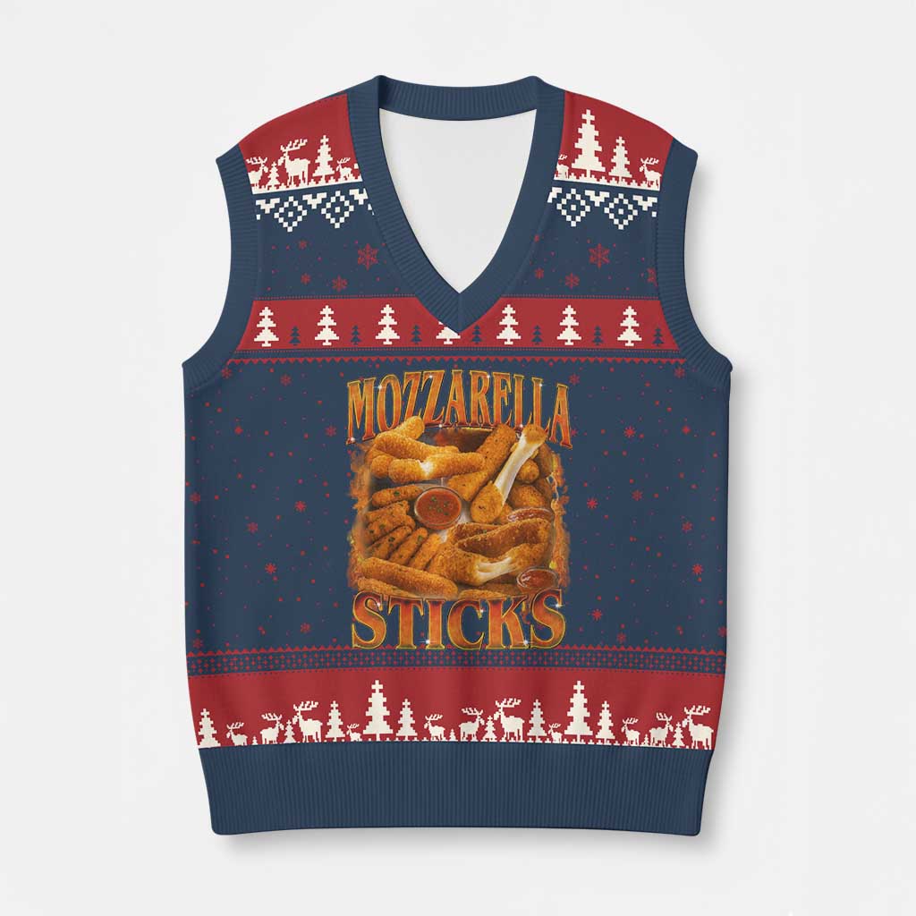 Mozzarella Sticks V-Neck Knit Sweater Vest Funny Foodie Meme Snack Lover Vintage 90s - Wonder Print Shop