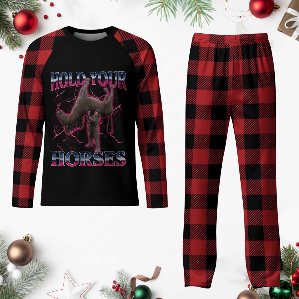 Hold Your Horses Funny Meme Plaid Pajama Set Vintage 90s Style Bootleg Graphic - Wonder Print Shop