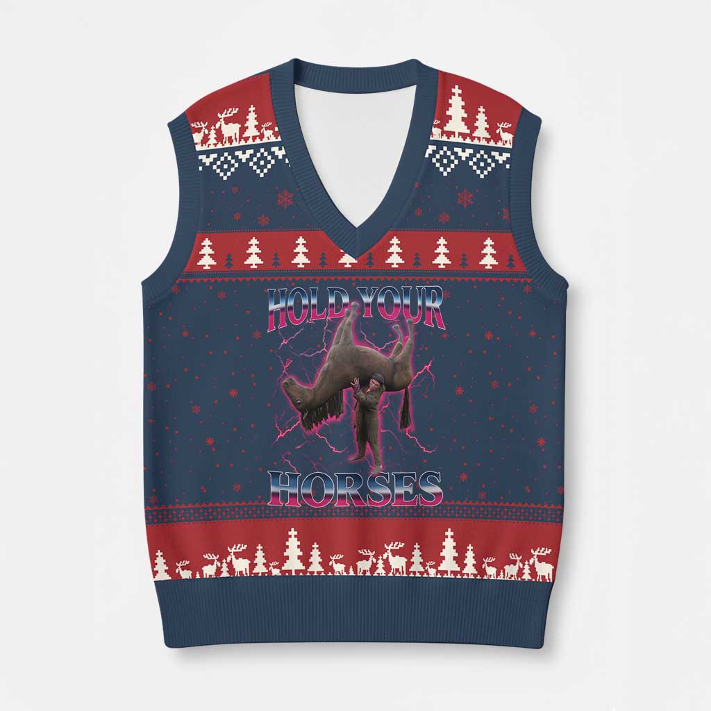 Hold Your Horses Funny Meme V-Neck Knit Sweater Vest Vintage 90s Style Bootleg Graphic - Wonder Print Shop