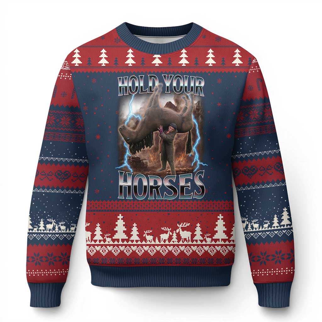 Funny Meme Hold Your Horses Ugly Christmas Sweater Vintage 90s Style Bootleg Graphic - Wonder Print Shop