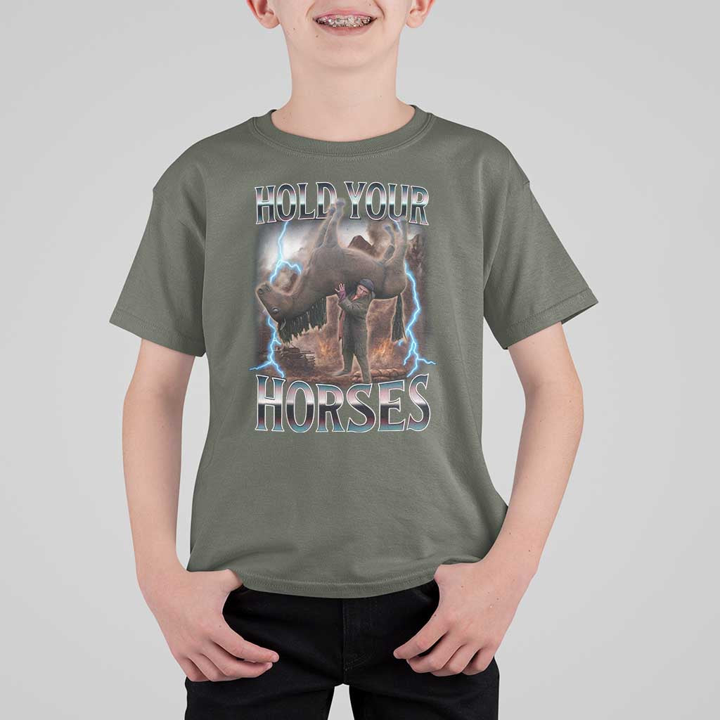 Funny Meme Hold Your Horses T Shirt For Kid Vintage 90s Style Bootleg Graphic - Wonder Print Shop