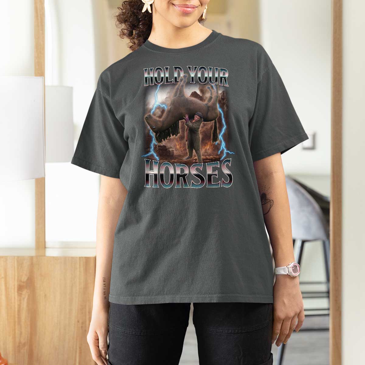 Funny Meme Hold Your Horses T Shirt For Women Vintage 90s Style Bootleg Graphic - Wonder Print Shop