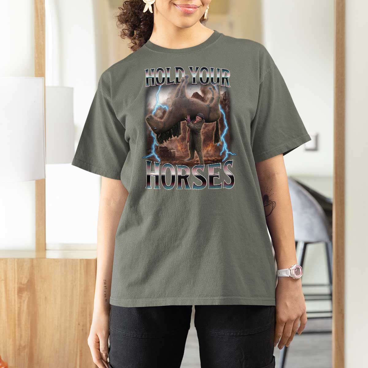 Funny Meme Hold Your Horses T Shirt For Women Vintage 90s Style Bootleg Graphic - Wonder Print Shop
