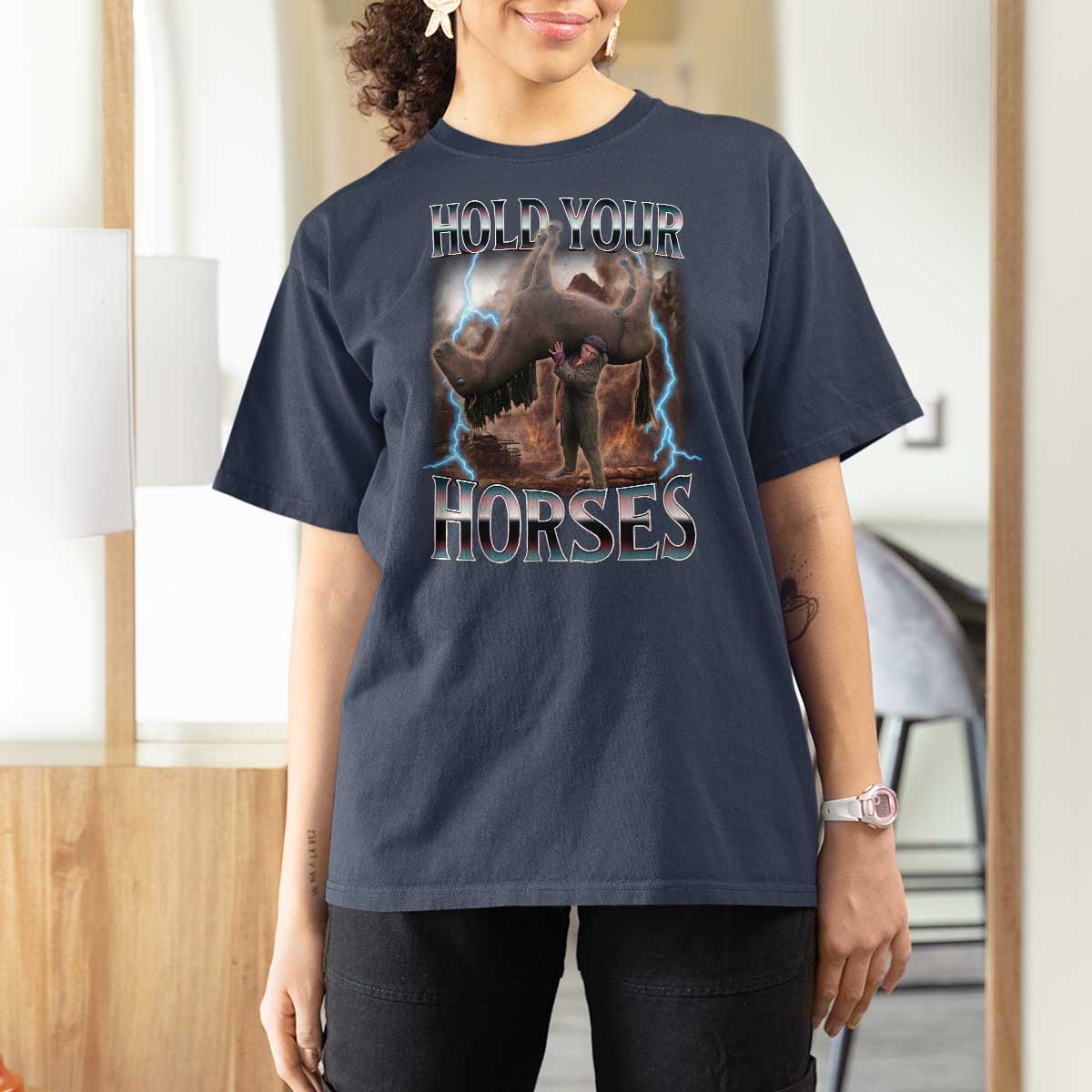 Funny Meme Hold Your Horses T Shirt For Women Vintage 90s Style Bootleg Graphic - Wonder Print Shop