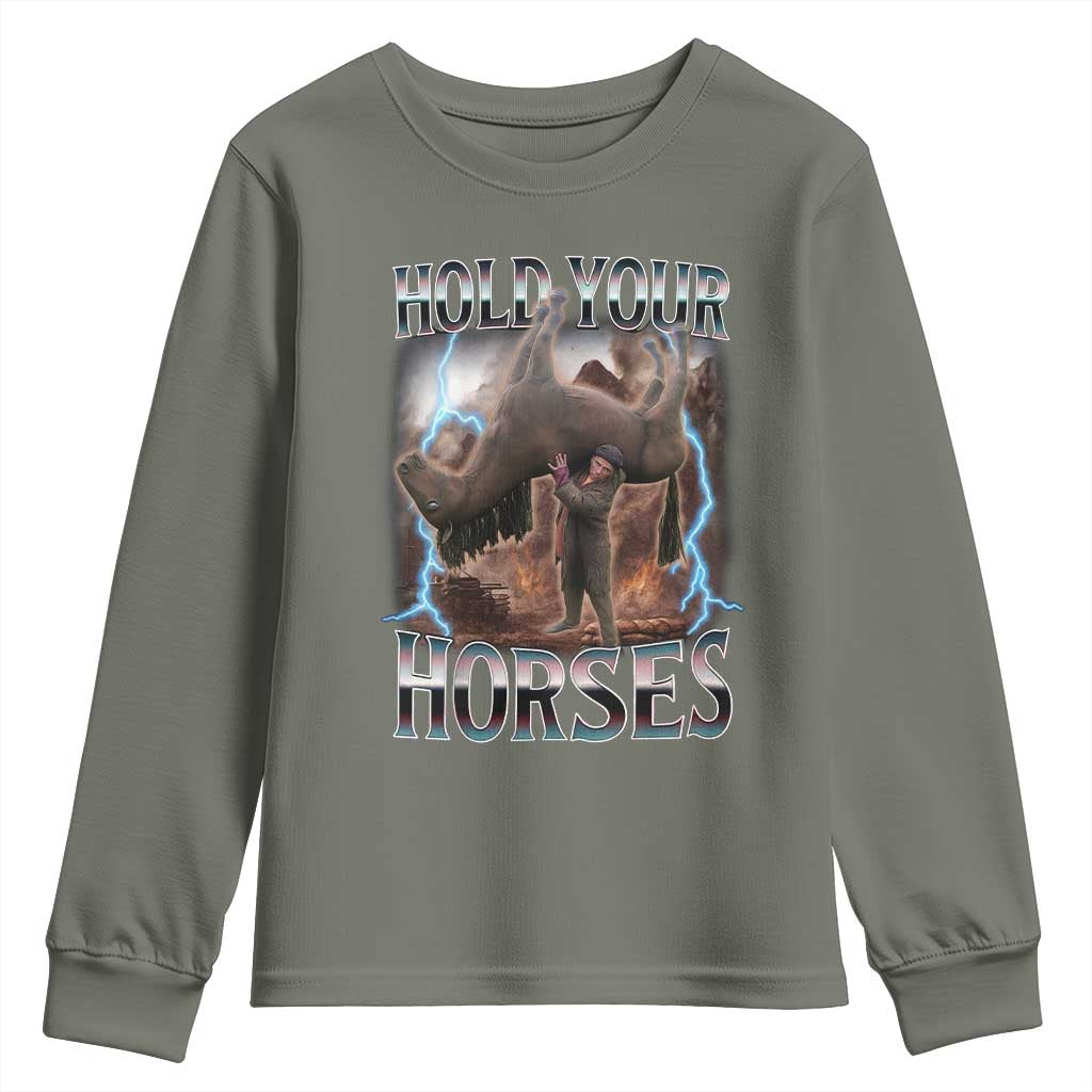 Funny Meme Hold Your Horses Youth Sweatshirt Vintage 90s Style Bootleg Graphic - Wonder Print Shop