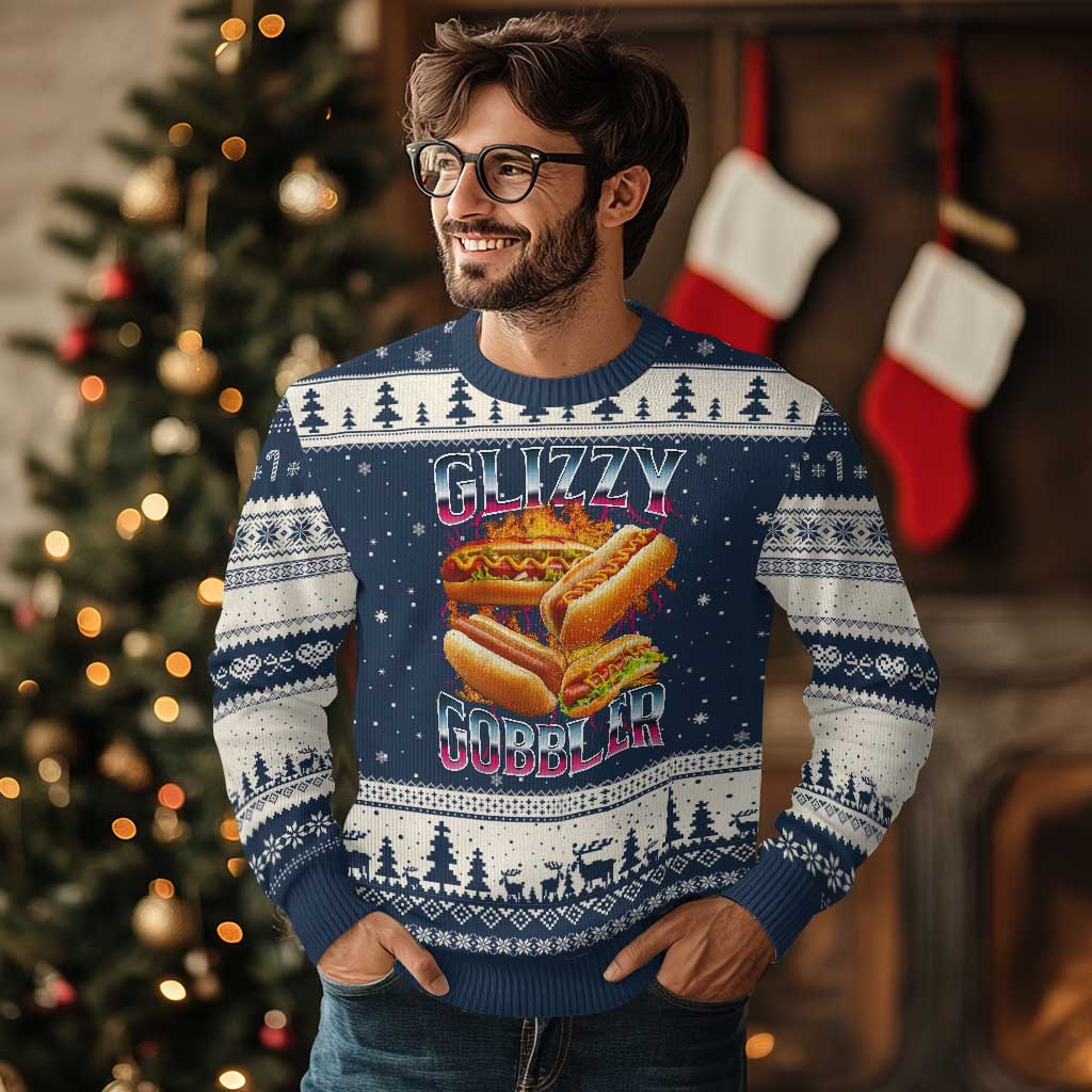 Glizzy Gobbler Ugly Christmas Sweater Vintage Hot Dog Meme Funny Foodie Gen Z - Wonder Print Shop
