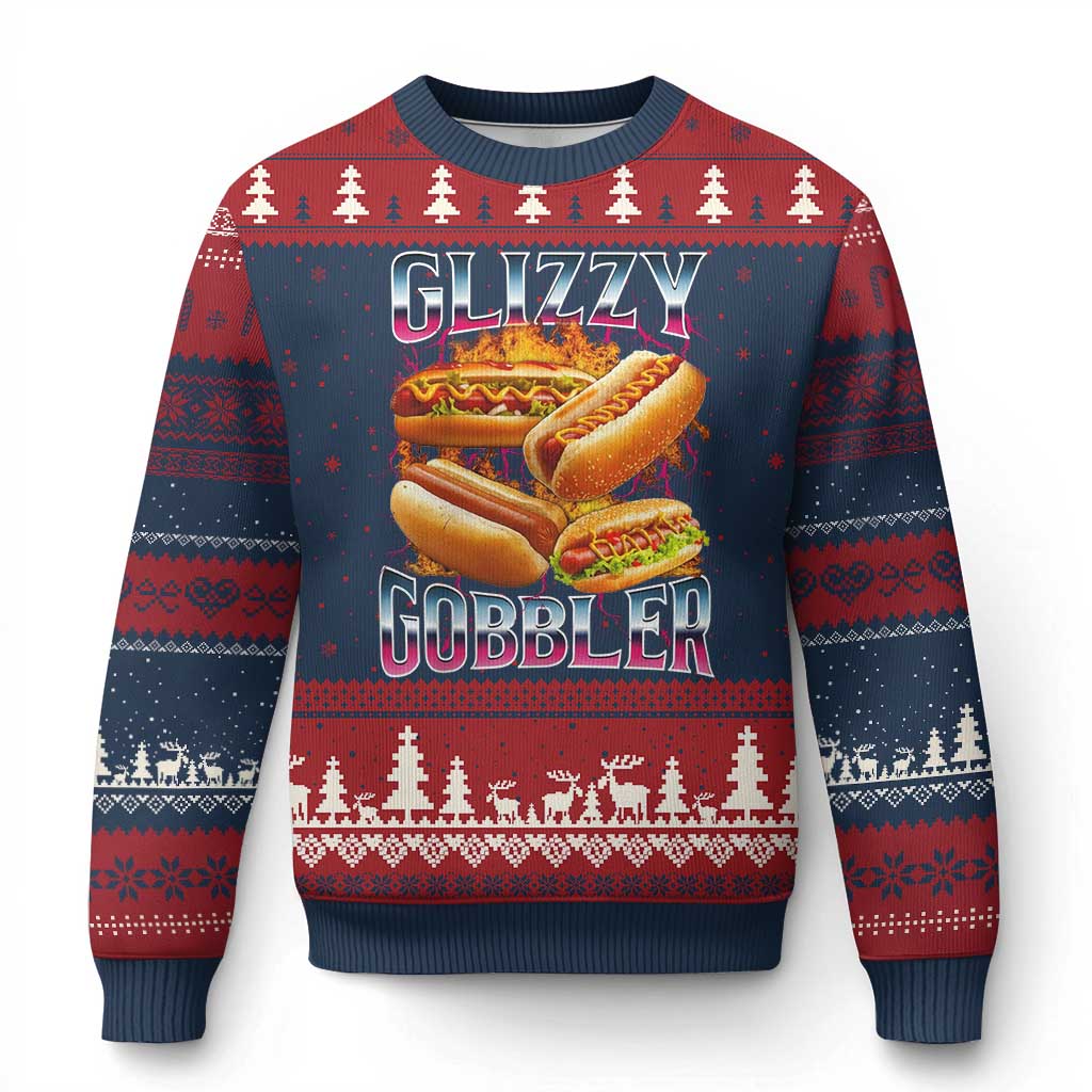 Glizzy Gobbler Ugly Christmas Sweater Vintage Hot Dog Meme Funny Foodie Gen Z - Wonder Print Shop