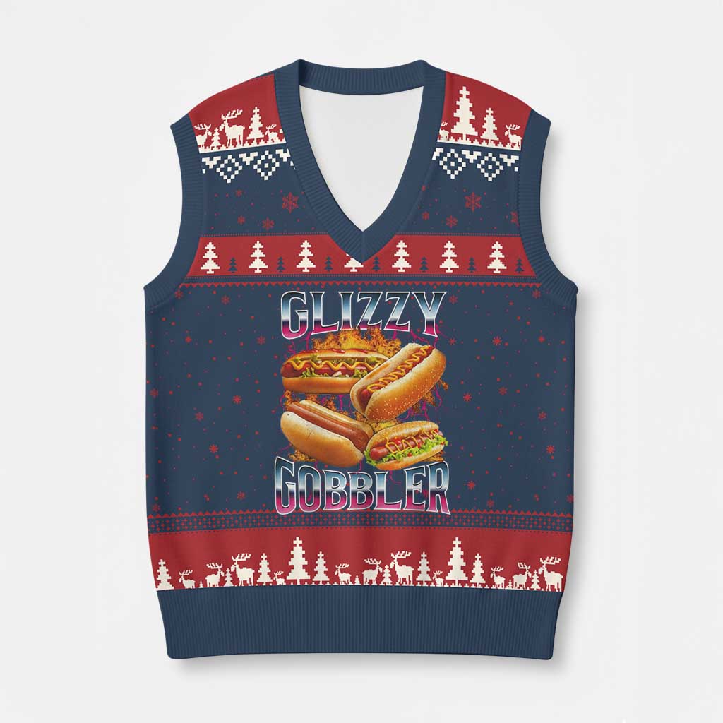 Glizzy Gobbler V-Neck Knit Sweater Vest Vintage Hot Dog Meme Funny Foodie Gen Z - Wonder Print Shop