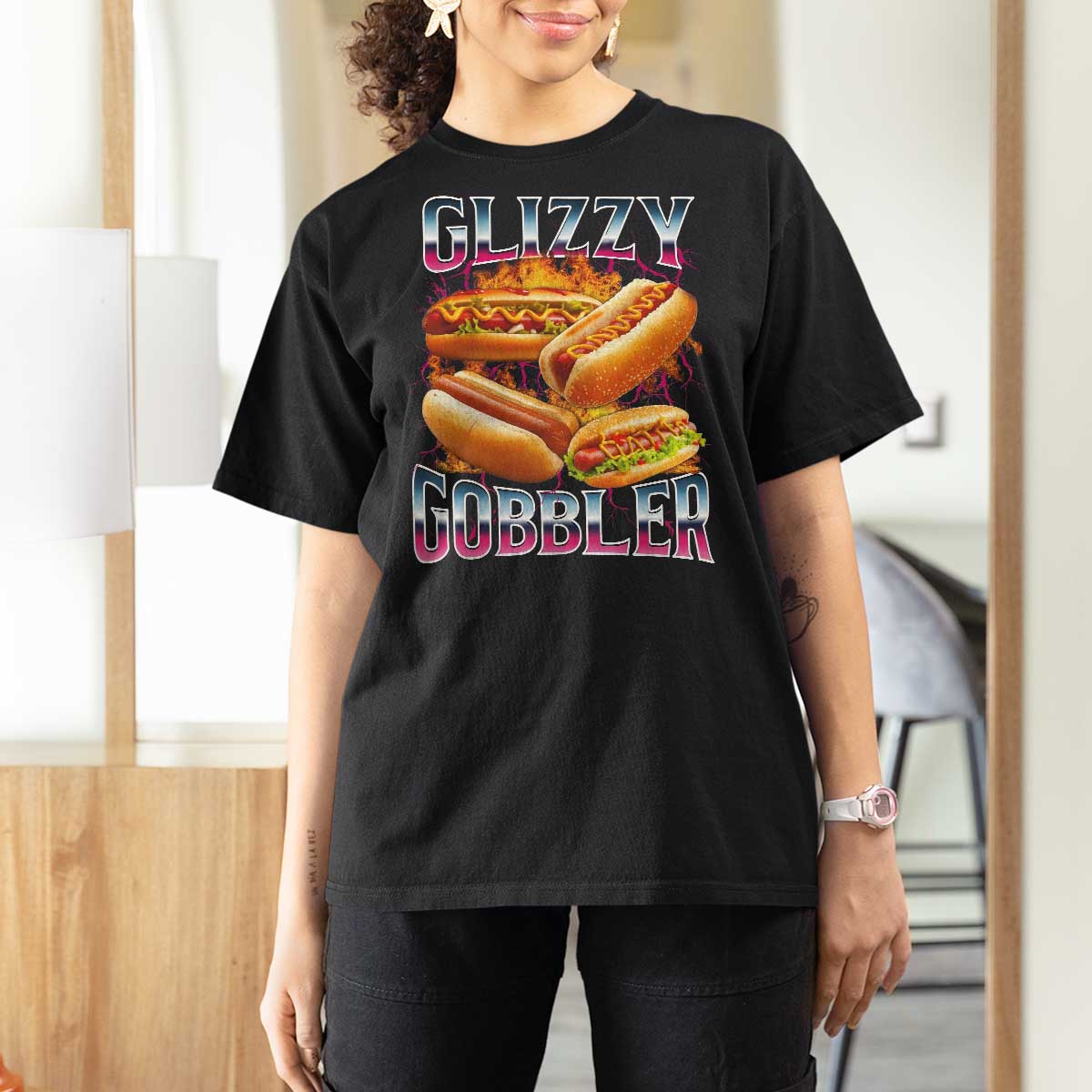 Glizzy Gobbler T Shirt For Women Vintage Hot Dog Meme Funny Foodie Gen Z - Wonder Print Shop