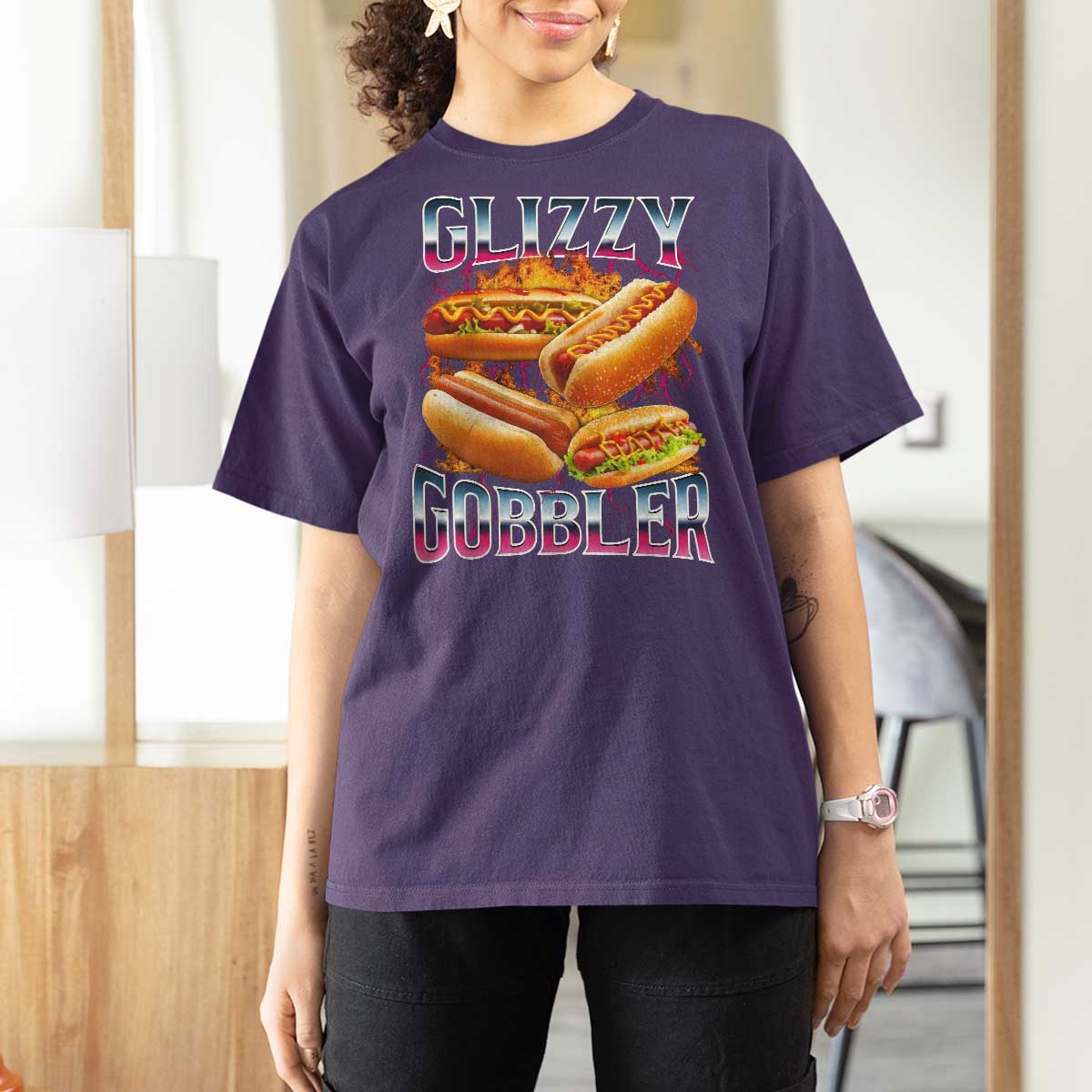 Glizzy Gobbler T Shirt For Women Vintage Hot Dog Meme Funny Foodie Gen Z - Wonder Print Shop