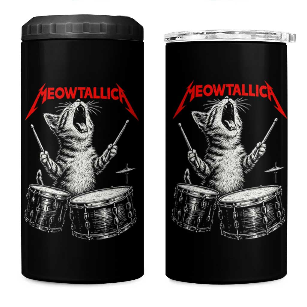 Rock On Vintage Drummer Cat 4 in 1 Can Cooler Tumbler Vintage 90s 80s Band Style Gift for Cat Owners - Wonder Print Shop