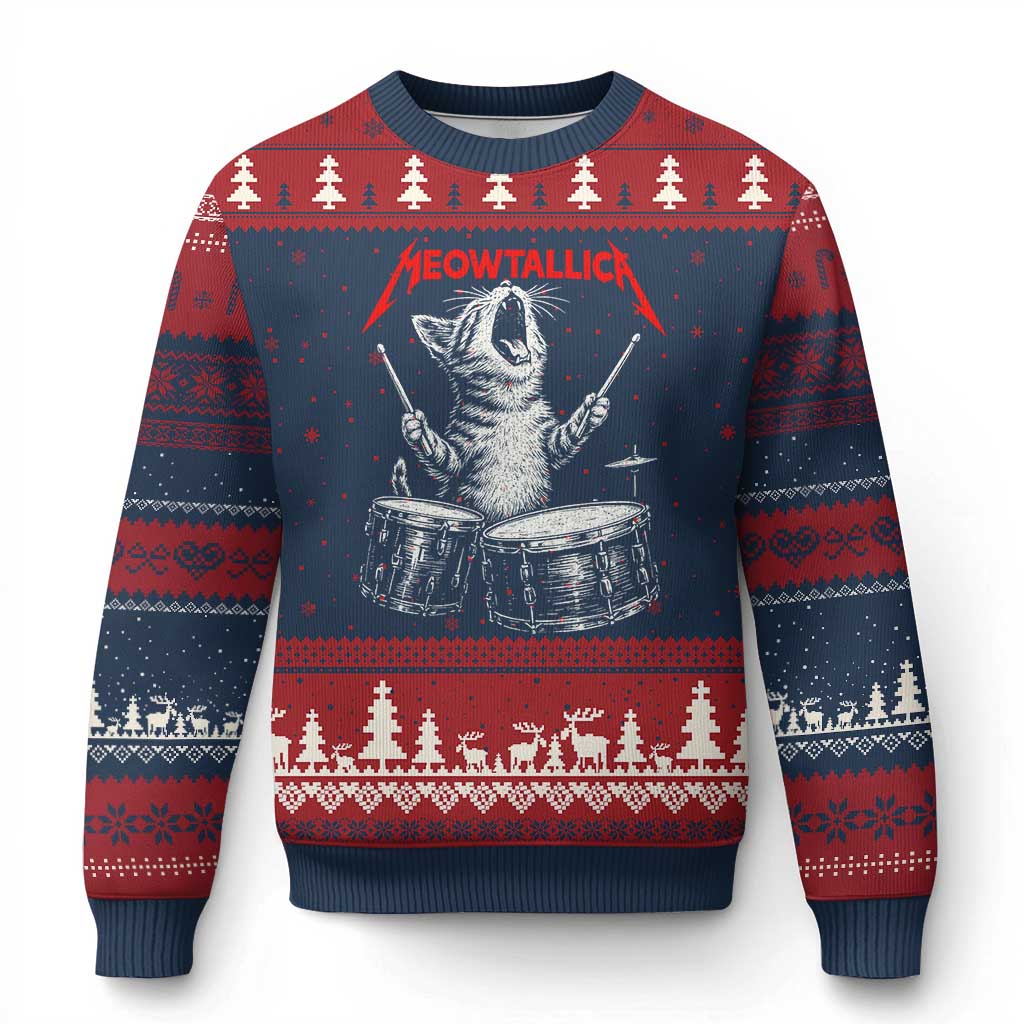 Rock On Vintage Drummer Cat Ugly Christmas Sweater Vintage 90s 80s Band Style Gift for Cat Owners - Wonder Print Shop