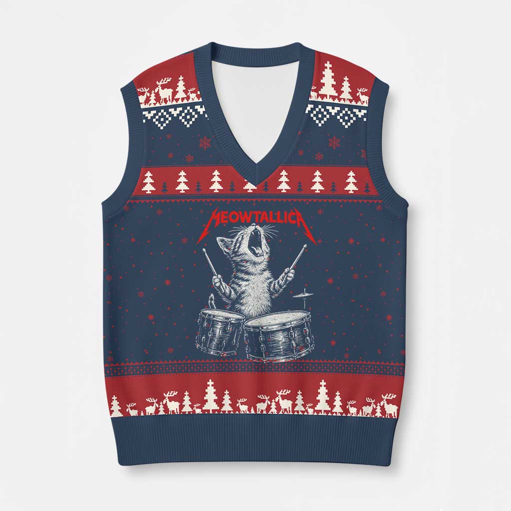 Rock On Vintage Drummer Cat V-Neck Knit Sweater Vest Vintage 90s 80s Band Style Gift for Cat Owners - Wonder Print Shop