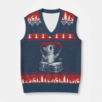 Rock On Vintage Drummer Cat V-Neck Knit Sweater Vest Vintage 90s 80s Band Style Gift for Cat Owners - Wonder Print Shop