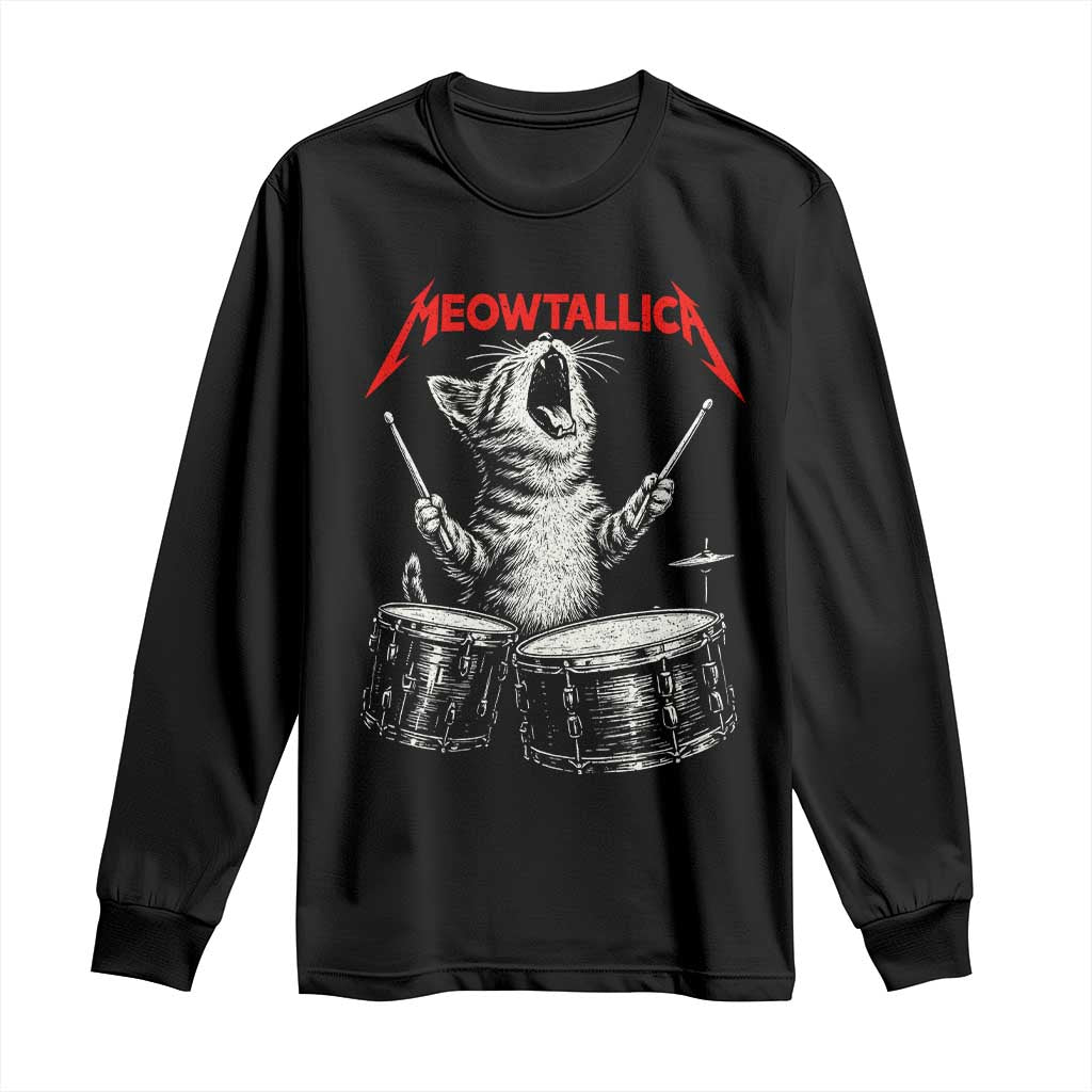 Rock On Vintage Drummer Cat Long Sleeve Shirt Vintage 90s 80s Band Style Gift for Cat Owners - Wonder Print Shop