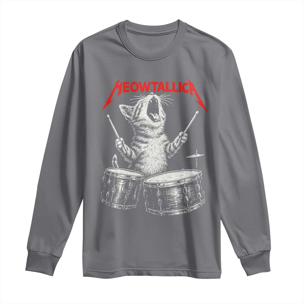 Rock On Vintage Drummer Cat Long Sleeve Shirt Vintage 90s 80s Band Style Gift for Cat Owners - Wonder Print Shop