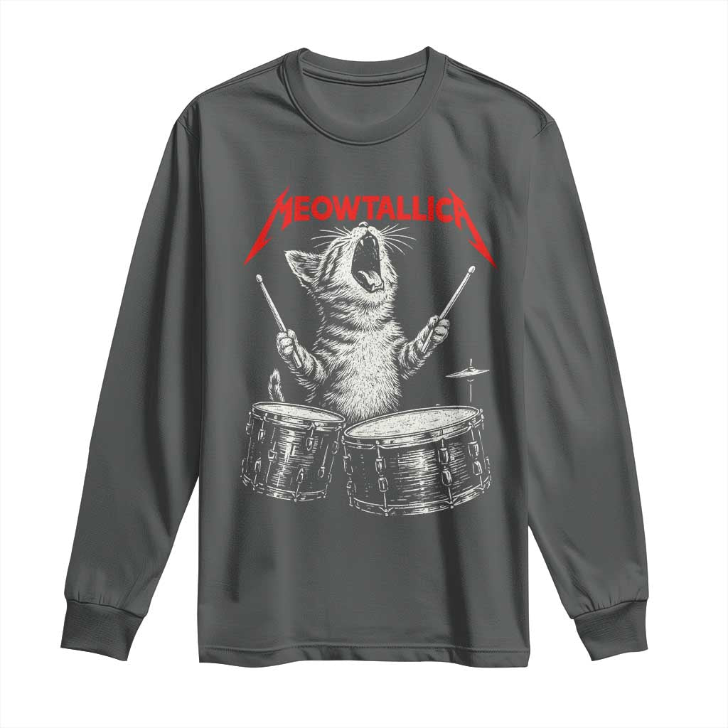 Rock On Vintage Drummer Cat Long Sleeve Shirt Vintage 90s 80s Band Style Gift for Cat Owners - Wonder Print Shop