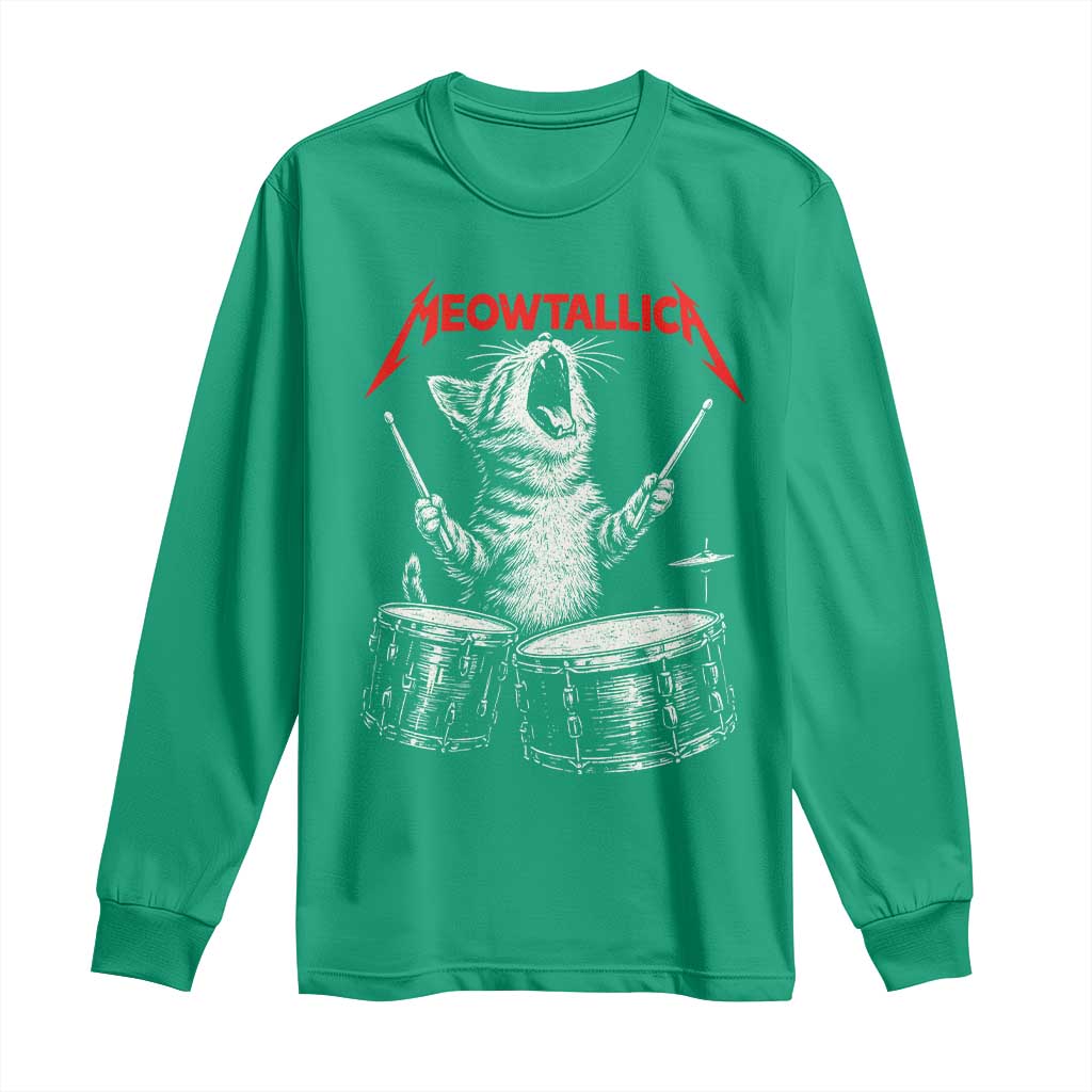 Rock On Vintage Drummer Cat Long Sleeve Shirt Vintage 90s 80s Band Style Gift for Cat Owners - Wonder Print Shop