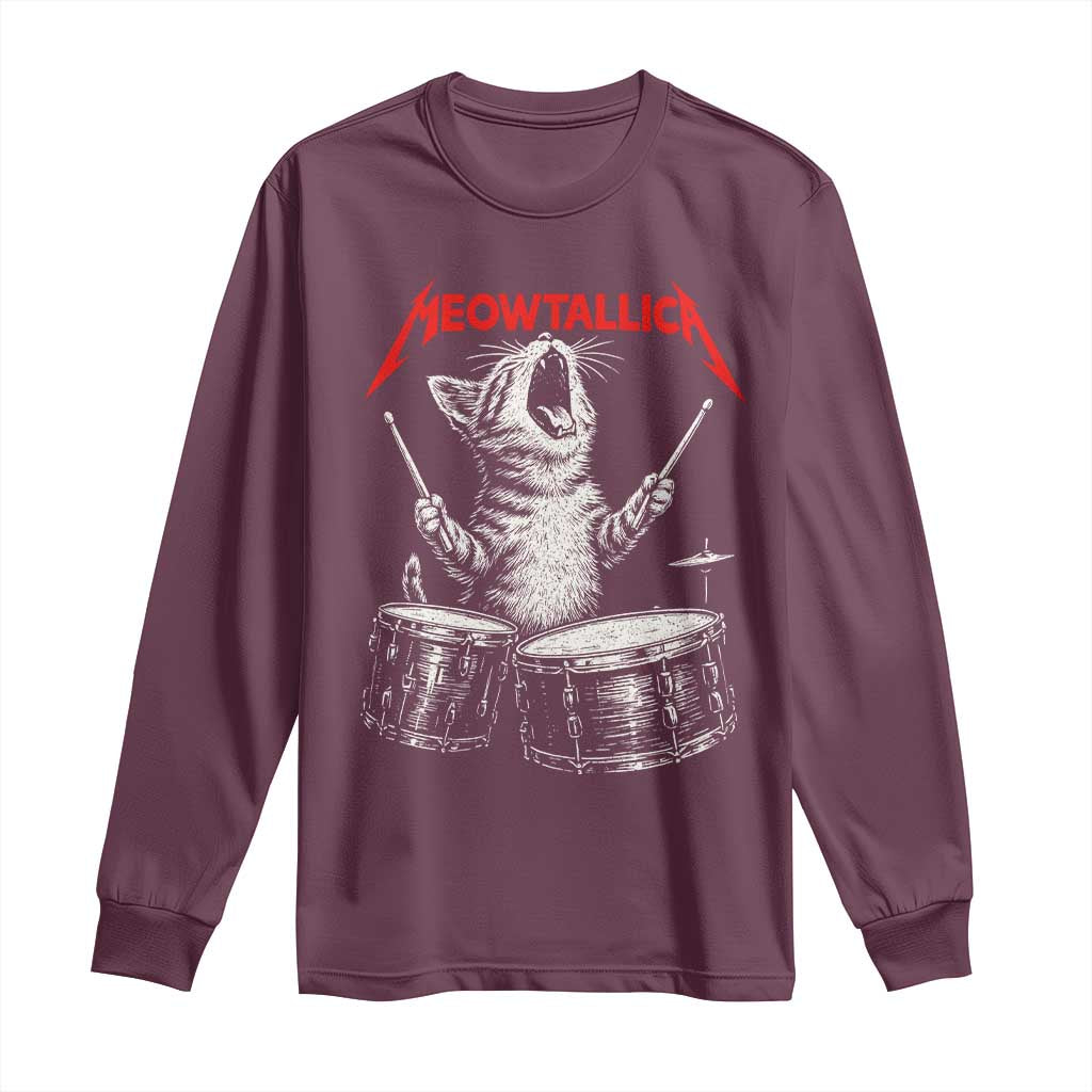 Rock On Vintage Drummer Cat Long Sleeve Shirt Vintage 90s 80s Band Style Gift for Cat Owners - Wonder Print Shop