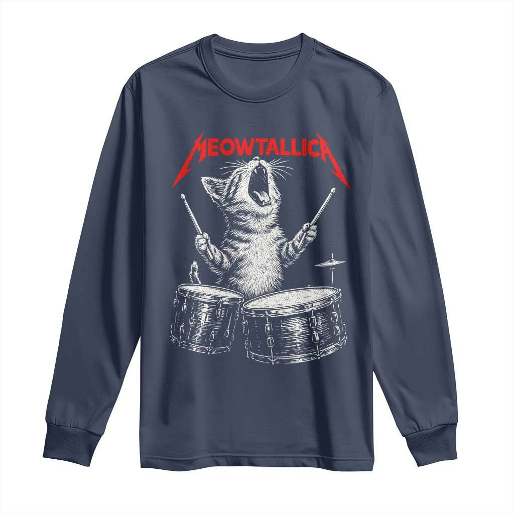 Rock On Vintage Drummer Cat Long Sleeve Shirt Vintage 90s 80s Band Style Gift for Cat Owners - Wonder Print Shop