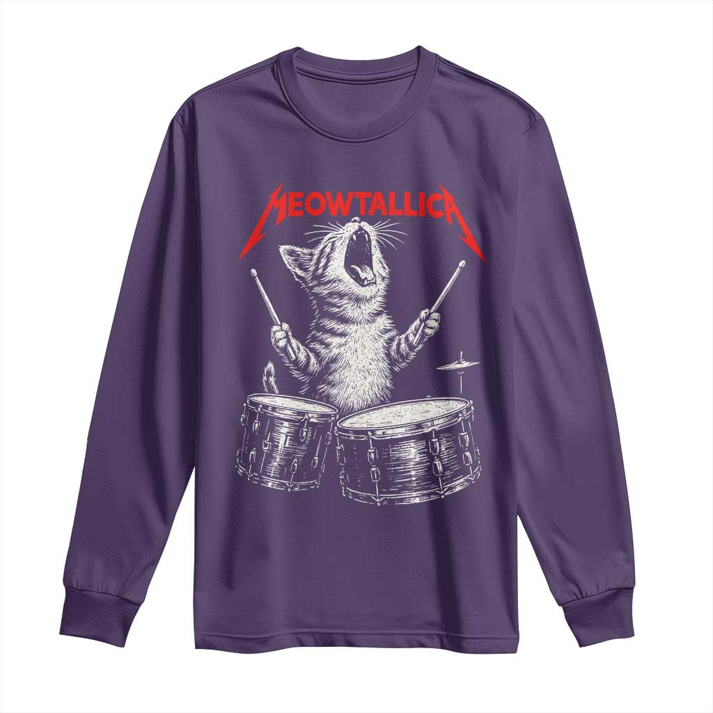 Rock On Vintage Drummer Cat Long Sleeve Shirt Vintage 90s 80s Band Style Gift for Cat Owners - Wonder Print Shop
