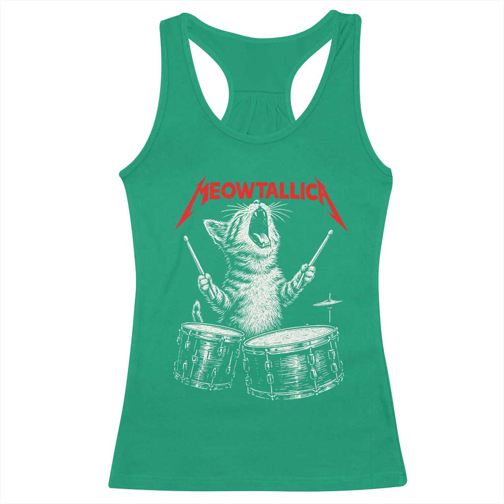 Rock On Vintage Drummer Cat Racerback Tank Top Vintage 90s 80s Band Style Gift for Cat Owners - Wonder Print Shop