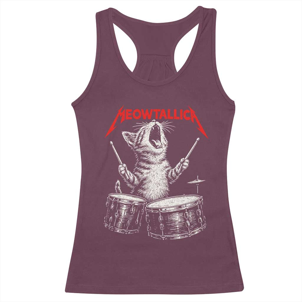 Rock On Vintage Drummer Cat Racerback Tank Top Vintage 90s 80s Band Style Gift for Cat Owners - Wonder Print Shop