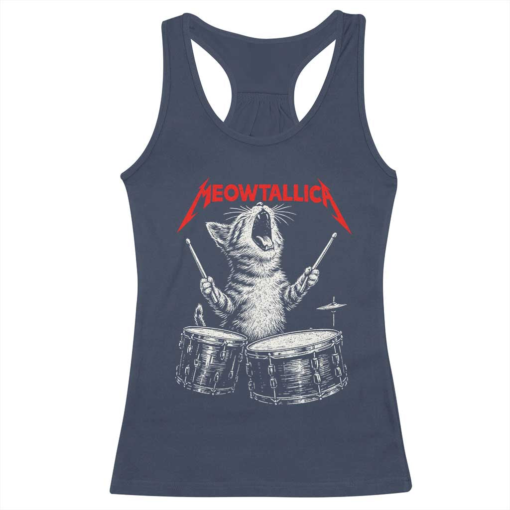 Rock On Vintage Drummer Cat Racerback Tank Top Vintage 90s 80s Band Style Gift for Cat Owners - Wonder Print Shop