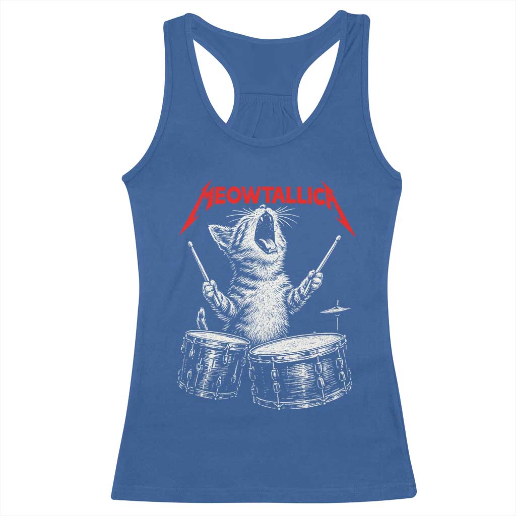 Rock On Vintage Drummer Cat Racerback Tank Top Vintage 90s 80s Band Style Gift for Cat Owners - Wonder Print Shop