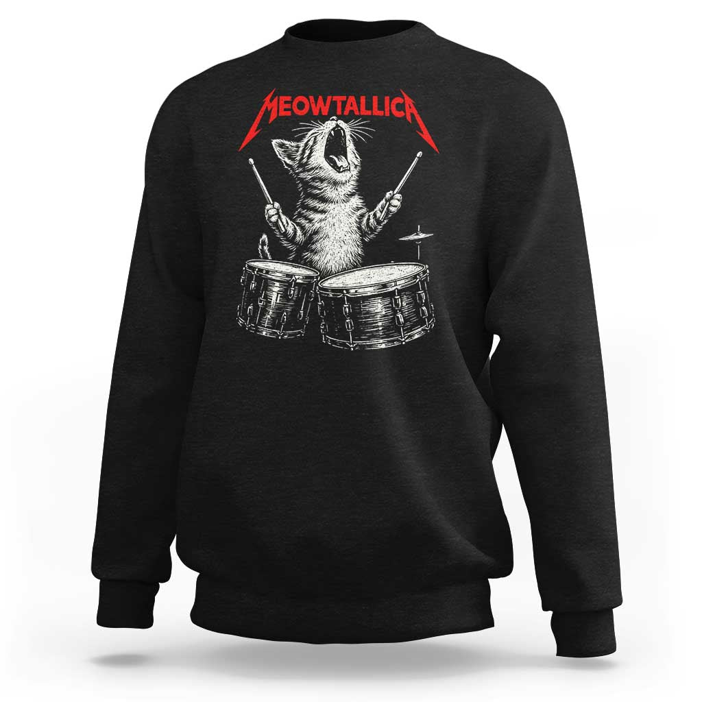 Rock On Vintage Drummer Cat Sweatshirt Vintage 90s 80s Band Style Gift for Cat Owners - Wonder Print Shop