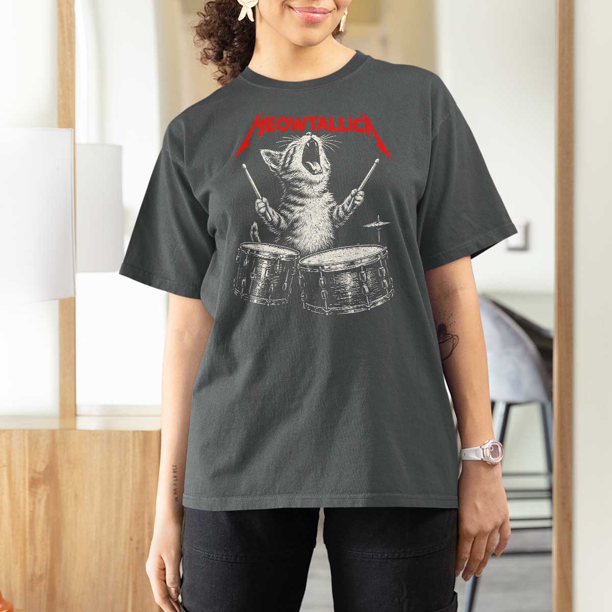 Rock On Vintage Drummer Cat T Shirt For Women Vintage 90s 80s Band Style Gift for Cat Owners - Wonder Print Shop