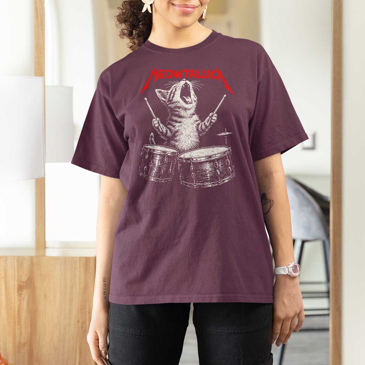 Rock On Vintage Drummer Cat T Shirt For Women Vintage 90s 80s Band Style Gift for Cat Owners - Wonder Print Shop