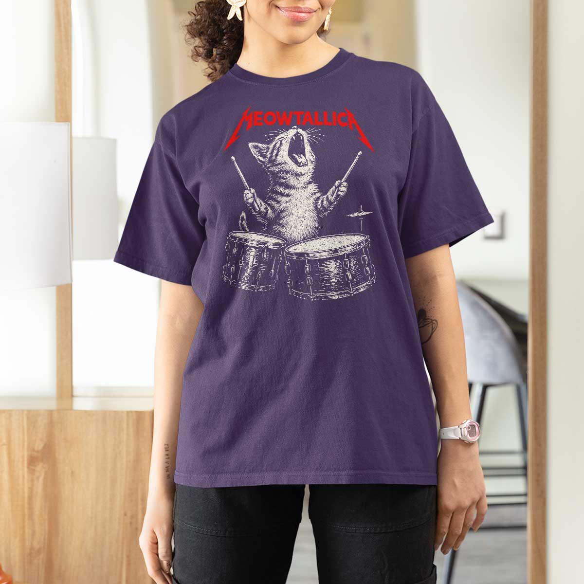 Rock On Vintage Drummer Cat T Shirt For Women Vintage 90s 80s Band Style Gift for Cat Owners - Wonder Print Shop
