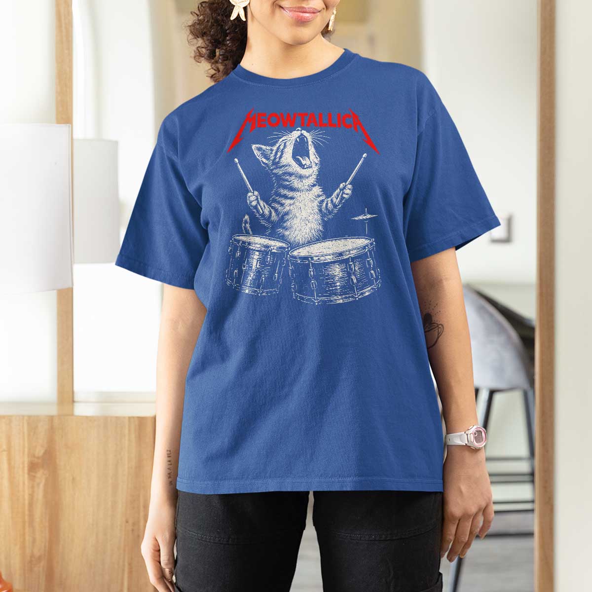 Rock On Vintage Drummer Cat T Shirt For Women Vintage 90s 80s Band Style Gift for Cat Owners - Wonder Print Shop