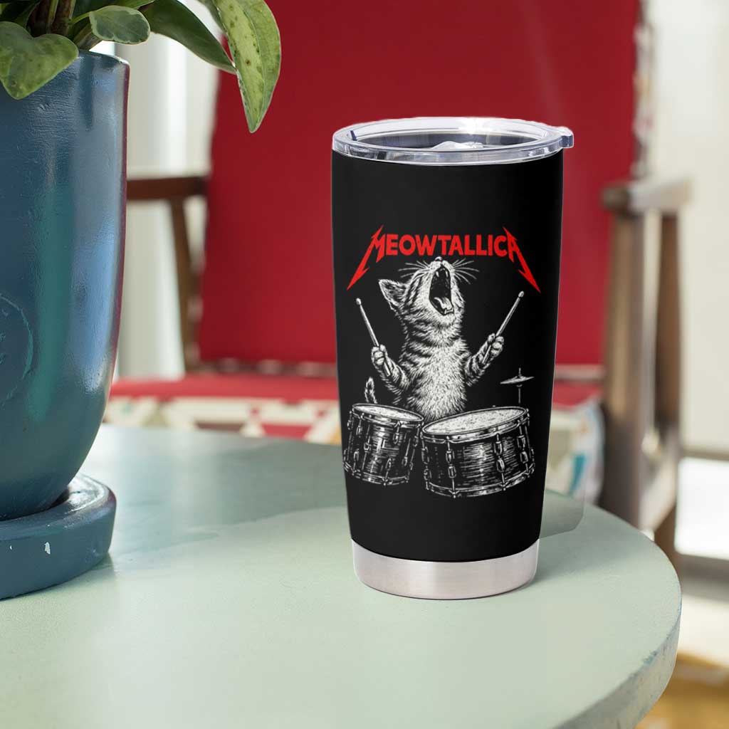 Rock On Vintage Drummer Cat Tumbler Cup Vintage 90s 80s Band Style Gift for Cat Owners - Wonder Print Shop