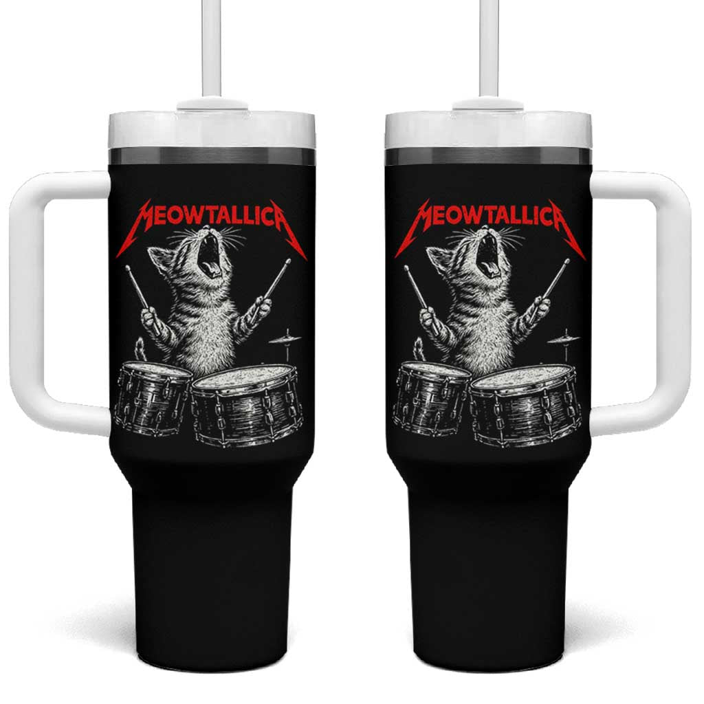 Rock On Vintage Drummer Cat Tumbler With Handle Vintage 90s 80s Band Style Gift for Cat Owners - Wonder Print Shop